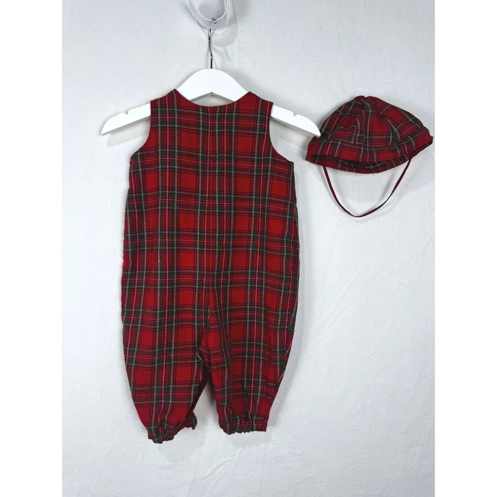 BabyPlace Romper & Hat Set 3-6 Months Red Plaid Tartan Christmas Holiday Outfit
